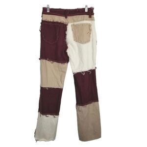Patchwork Pants Canvas Exposed Seams Jeans Stretch High Rise Maroon Tan Medium